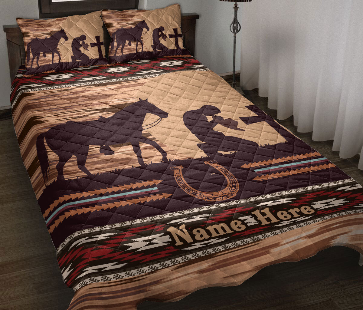 Personalized Cowboy Quilt Bedding Set, Horse Pray Western Cowboy Cowgirl Quilt Blanket With Pillowcases, Custom Name Duvet Cover Set