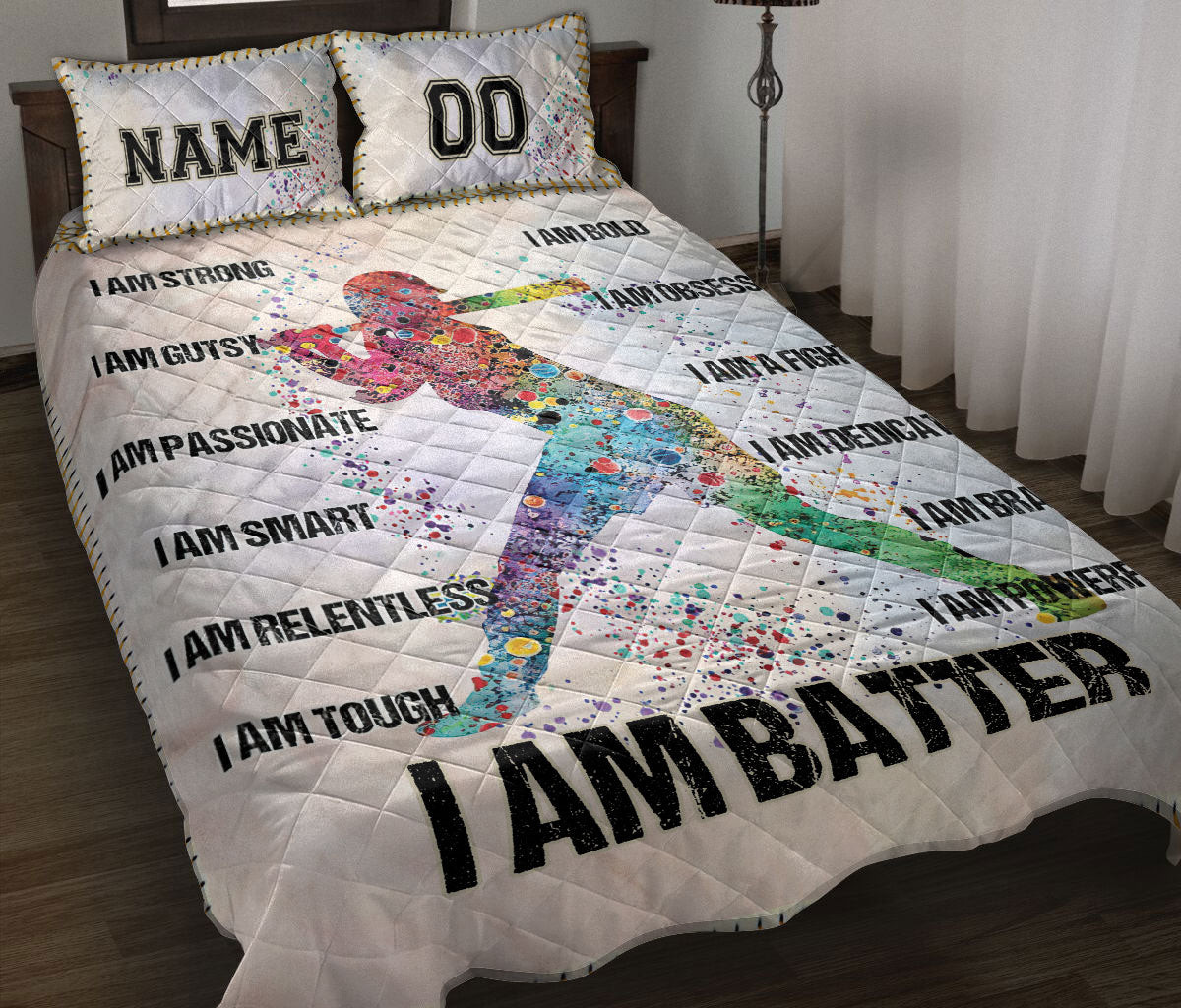 Personalized Softball Quilt Bedding Set, Baseball Softball Girl Batter Watercolor Quilt Blanket With Pillowcases, Duvet Cover Set