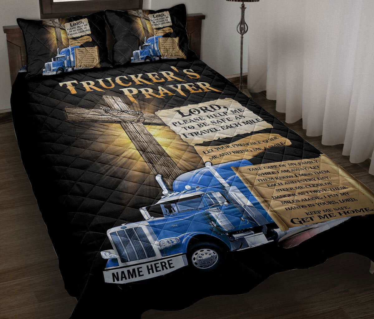 Personalized Trucker Quilt Bedding Set, Trucker'S Prayer Blue Truck Truck Driver Quilt Blanket With Pillowcases, Custom Name Duvet Cover Set
