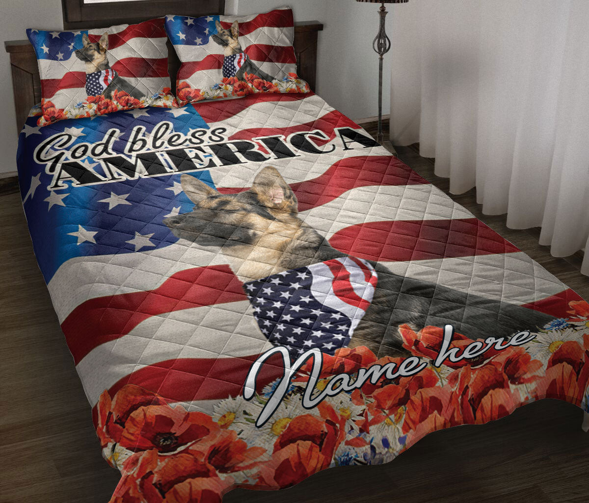 Personalized German Shepherd Quilt Bedding Set, German Shepherd Dog God Bless US Flag Quilt Blanket With Pillowcases, Duvet Cover Set