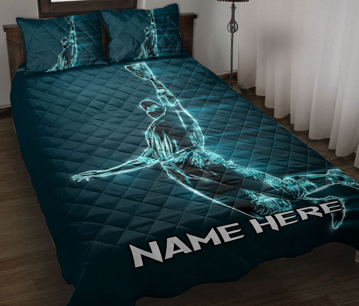 Personalized Baseball Quilt Bedding Set, Baseball Catcher Blue Light Quilt Blanket With Pillowcases, Custom Name Duvet Cover Set, Sports Gifts