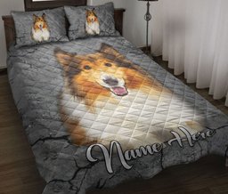 Personalized Rough Collie Quilt Bedding Set, Rough Collie Dog Crack Gray Sliver Quilt Blanket With Pillowcases, Custom Name Duvet Cover Set