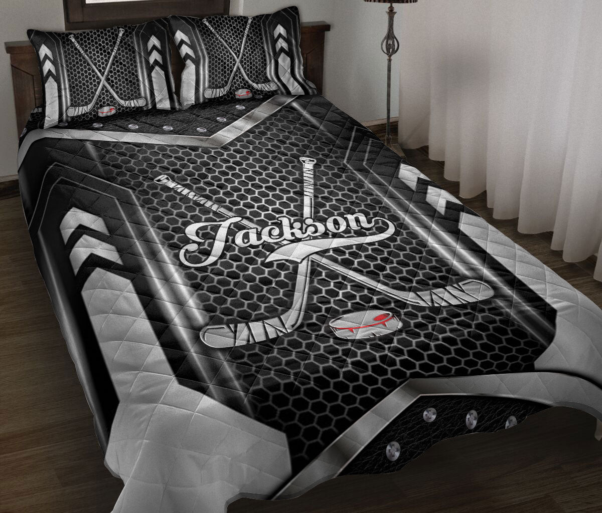 Personalized Hockey Quilt Bedding Set, Hockey Ball B&W Quilt Blanket With Pillowcases, Custom Name Duvet Cover Set