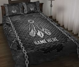 Personalized Native American Quilt Bedding Set, Native American Feather Iron Chains Quilt Blanket With Pillowcases, Custom Name Duvet Cover Set