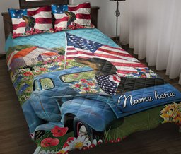 Personalized Dachshund Quilt Bedding Set, Dachshund Patriotic Dog US Flag Flower Quilt Blanket With Pillowcases, Custom Name Duvet Cover Set