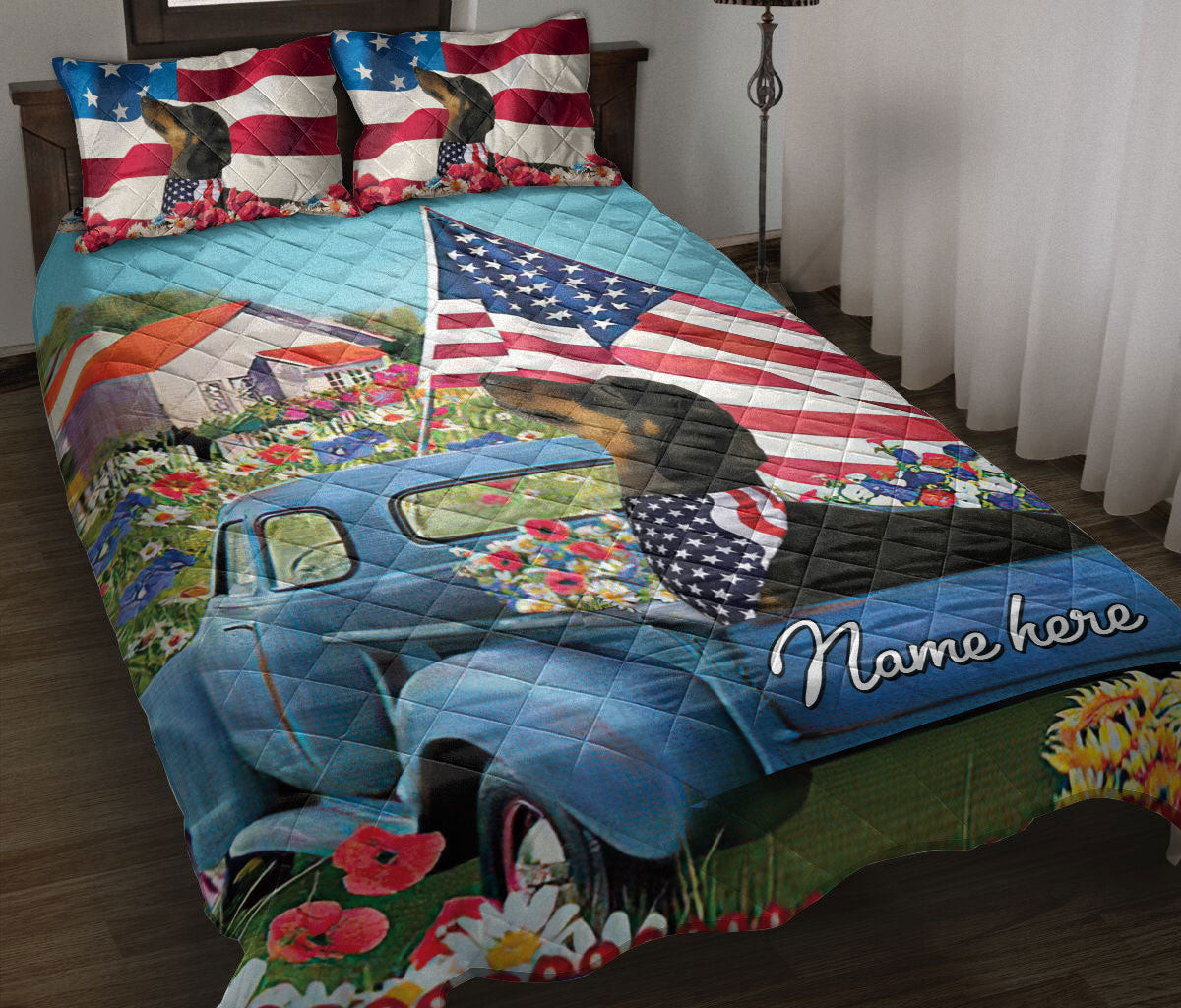 Personalized Dachshund Quilt Bedding Set, Dachshund Patriotic Dog US Flag Flower Quilt Blanket With Pillowcases, Custom Name Duvet Cover Set