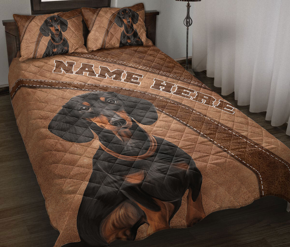 Personalized Dachshund Quilt Bedding Set, Dachshund Weiner Doxie Dog Quilt Blanket With Pillowcases, Custom Name Duvet Cover Set
