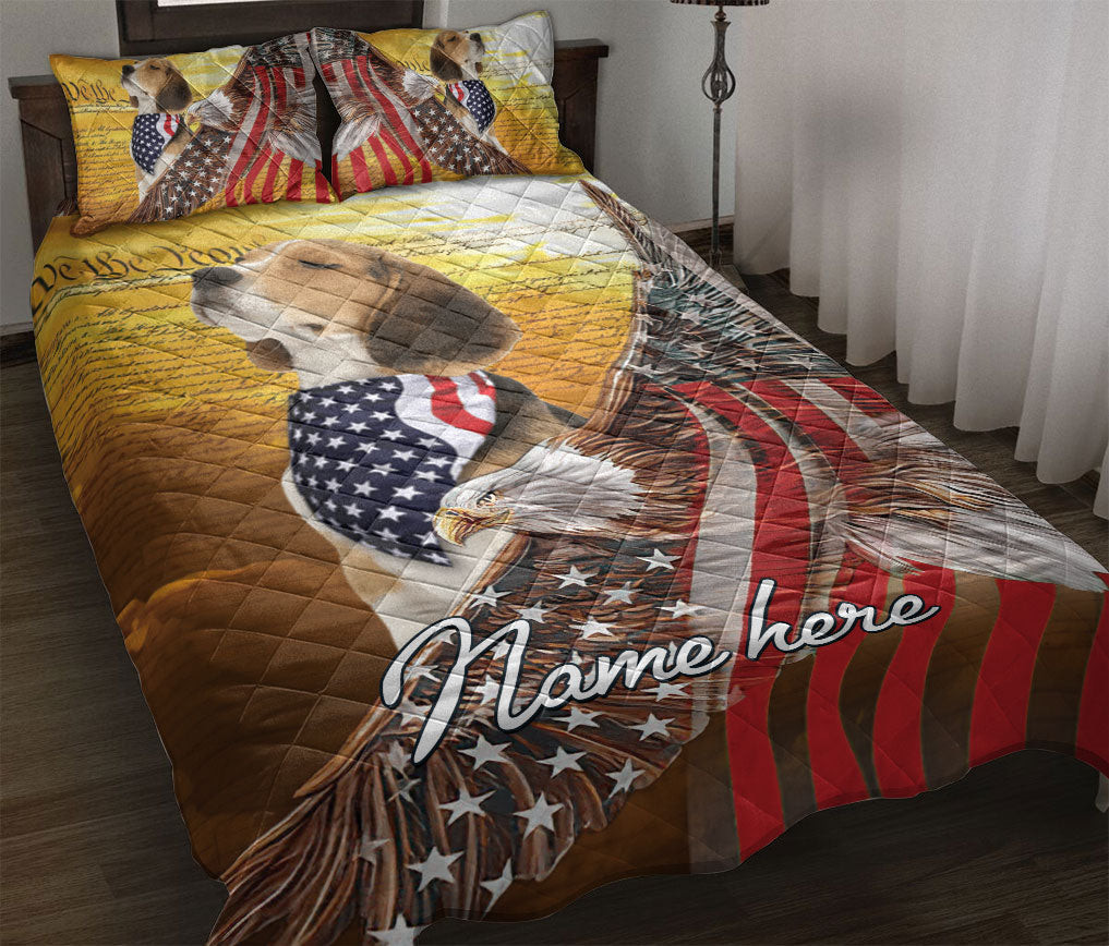 Personalized Beagle Quilt Bedding Set, Beagle Dog American Eagle US Flag We People Quilt Blanket With Pillowcases, Custom Name Duvet Cover Set
