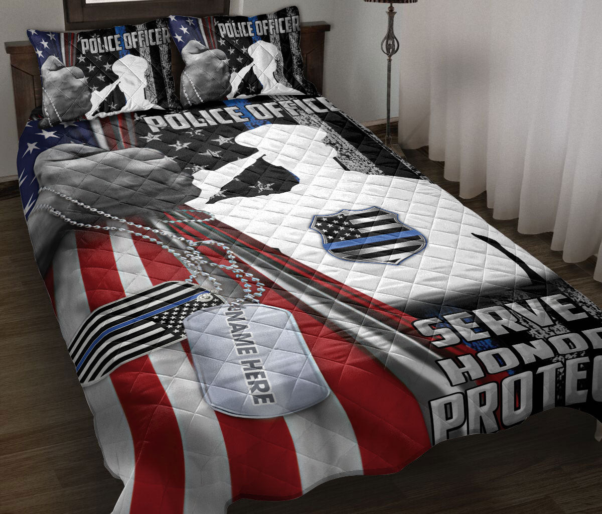 Personalized Police Quilt Bedding Set, Police Thin Blue Line US Flag Quilt Blanket With Pillowcases, Custom Name Duvet Cover Set