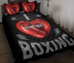 Personalized Boxing Quilt Bedding Set, I Love Boxing Red Gloves Black Quilt Blanket With Pillowcases, Custom Name Duvet Cover Set