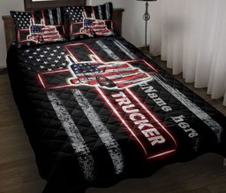 Personalized Trucker Quilt Bedding Set, Trucker Truck Driverian JesusCross US Flag Quilt Blanket With Pillowcases, Custom Name Duvet Cover Set
