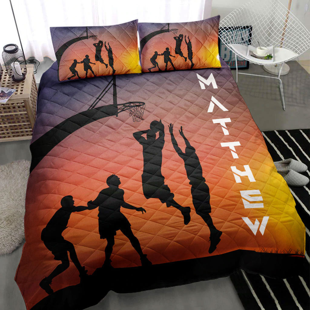 Personalized Basketball Quilt Bedding Set, Basketball Sun Set Player Friend Orange Quilt Blanket With Pillowcases, Custom Name Duvet Cover Set