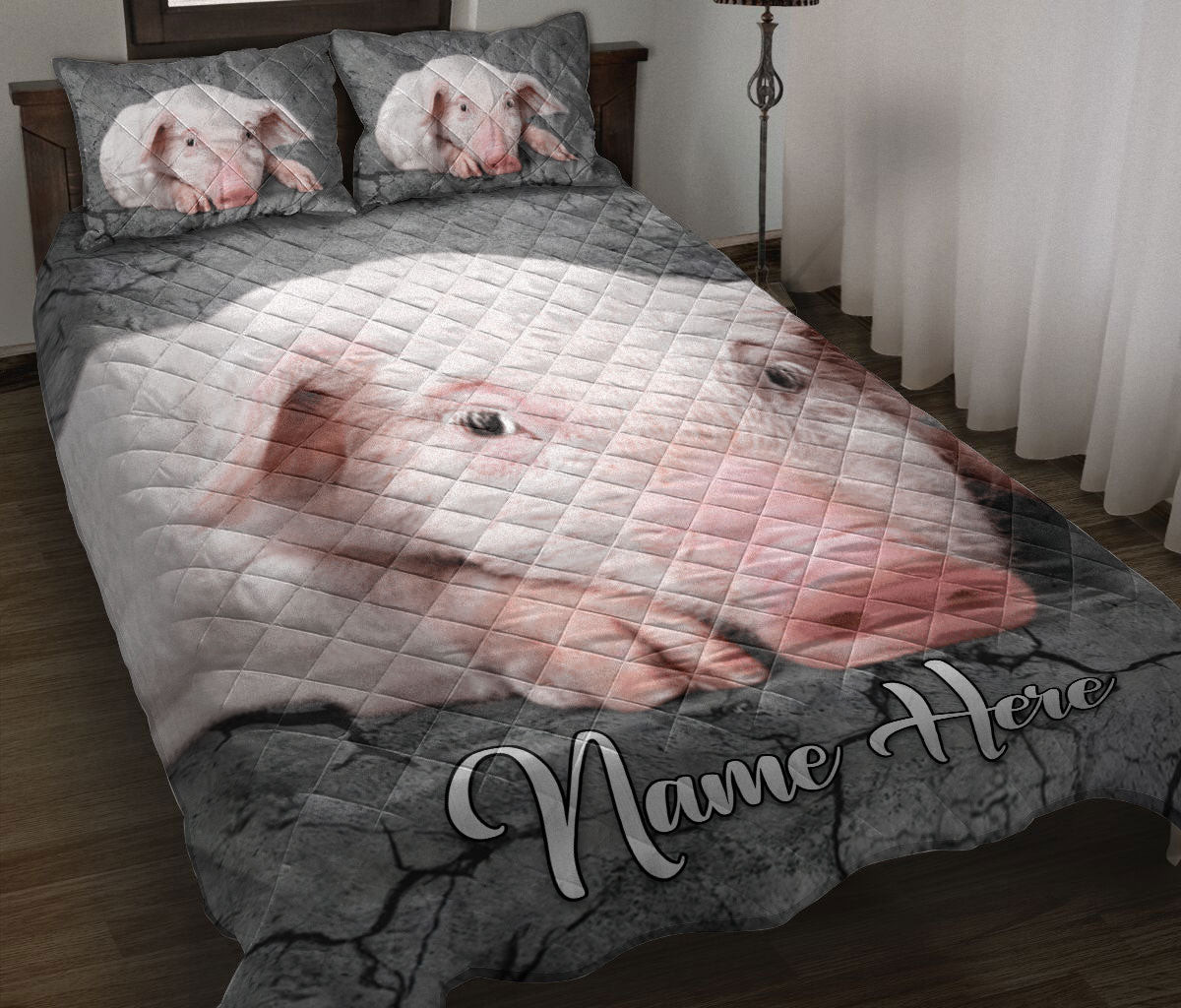 Personalized Pig Quilt Bedding Set, Pig Farm Crack Gray Sliver Quilt Blanket With Pillowcases, Custom Name Duvet Cover Set