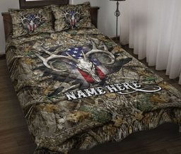 Personalized Hunting Quilt Bedding Set, Deer Hunter Hunting US Flag Quilt Blanket With Pillowcases, Custom Name Duvet Cover Set