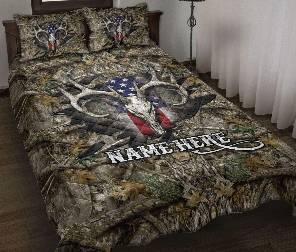Personalized Hunting Quilt Bedding Set, Deer Hunter Hunting US Flag Quilt Blanket With Pillowcases, Custom Name Duvet Cover Set