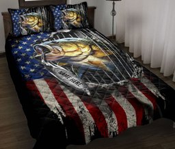Personalized Fishing Quilt Bedding Set, Fishing Big Bass Fish American US Flag Quilt Blanket With Pillowcases, Custom Name Duvet Cover Set