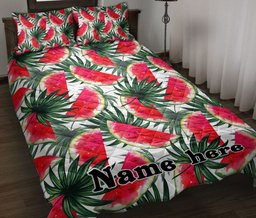 Personalized Watermelon Quilt Bedding Set, Watermelon Watercolor Tropical Background Ripe Sweet Quilt Blanket With Pillowcases, Duvet Cover Set