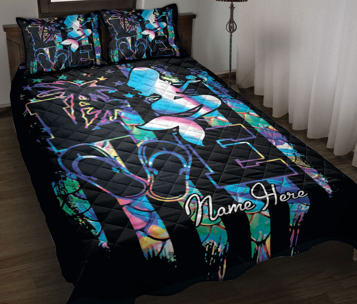Personalized Mermaid Quilt Bedding Set, Sea Ocean Love Mermaid Scale Black US Flag Hologram Quilt Blanket With Pillowcases, Duvet Cover Set