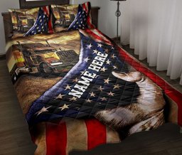 Personalized Trucker Quilt Bedding Set, Brown Truck American US Flag Trucker Quilt Blanket With Pillowcases, Custom Name Duvet Cover Set