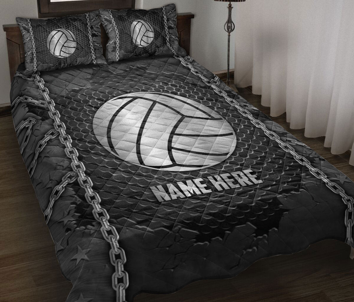 Personalized Volleyball Quilt Bedding Set, Volleyball Iron Chains Quilt Blanket With Pillowcases, Custom Name Duvet Cover Set