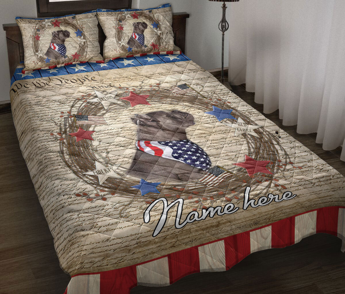 Personalized Bulldog Quilt Bedding Set, Bulldog Dog We The People Patriotic Quilt Blanket With Pillowcases, Custom Name Duvet Cover Set