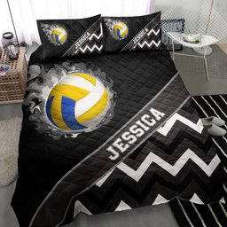 Personalized Volleyball Quilt Bedding Set, Volleyball Ball Smoke Zig Zag Black Quilt Blanket With Pillowcases, Custom Name Duvet Cover Set