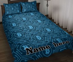 Personalized Bitcoin Quilt Bedding Set, Bitcoin Cryptocurrency Blockchain Investor Quilt Blanket With Pillowcases, Custom Name Duvet Cover Set