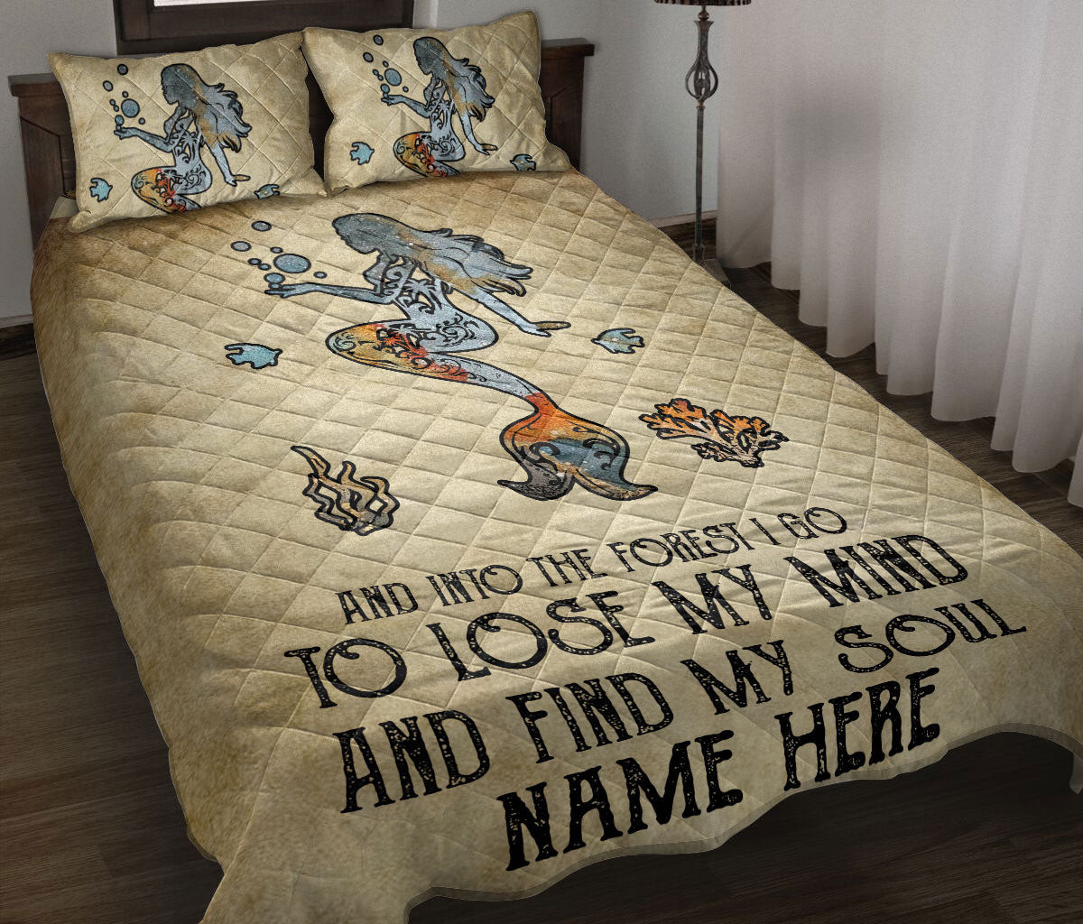 Personalized Mermaid Quilt Bedding Set, Mermaid Into Theest I Go Find My Soul Quilt Blanket With Pillowcases, Custom Name Duvet Cover Set