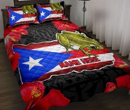 Personalized Puerto Rico Quilt Bedding Set, Puerto Rican Coqui Puerto Rico Flag Striped Star Quilt Blanket With Pillowcases, Duvet Cover Set