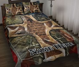 Personalized Hunting Quilt Bedding Set, Christian US Flag Hunting Quilt Blanket With Pillowcases, Custom Name Duvet Cover Set