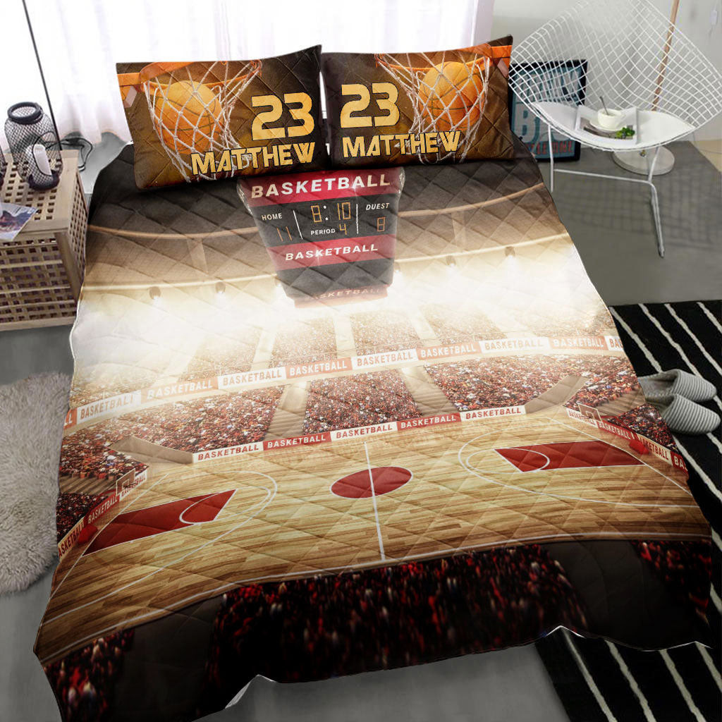 Personalized Basketball Quilt Bedding Set, Basketball Court Field Basketball Quilt Blanket With Pillowcases, Duvet Cover Set