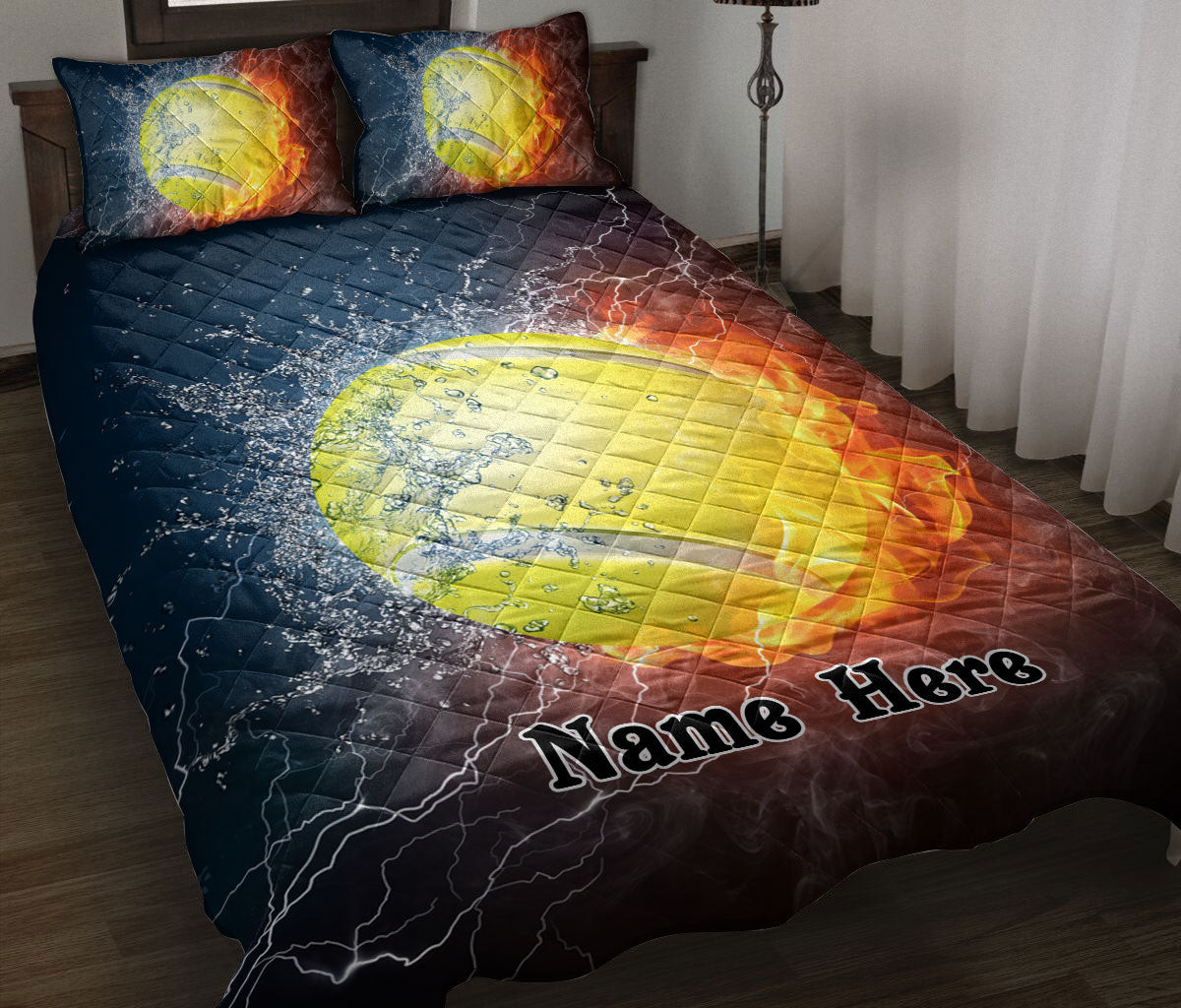 Personalized Tennis Quilt Bedding Set, Tennis Ball Fire & Water Quilt Blanket With Pillowcases, Custom Name Duvet Cover Set