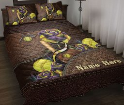Personalized Softball Quilt Bedding Set, Softball Yellow Ball Rose Floral Quilt Blanket With Pillowcases, Custom Name Duvet Cover Set