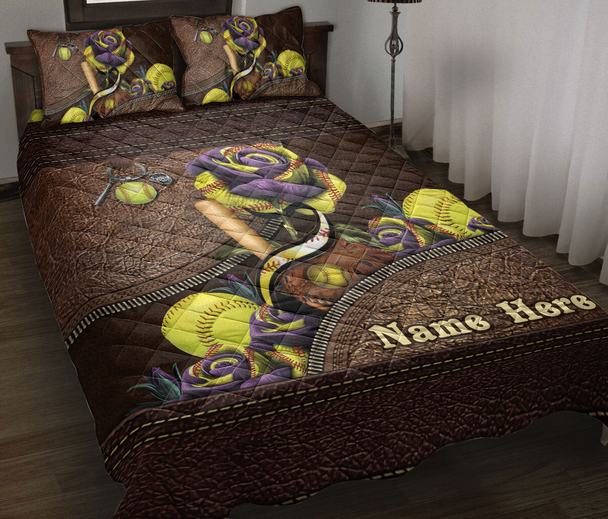 Personalized Softball Quilt Bedding Set, Softball Yellow Ball Rose Floral Quilt Blanket With Pillowcases, Custom Name Duvet Cover Set