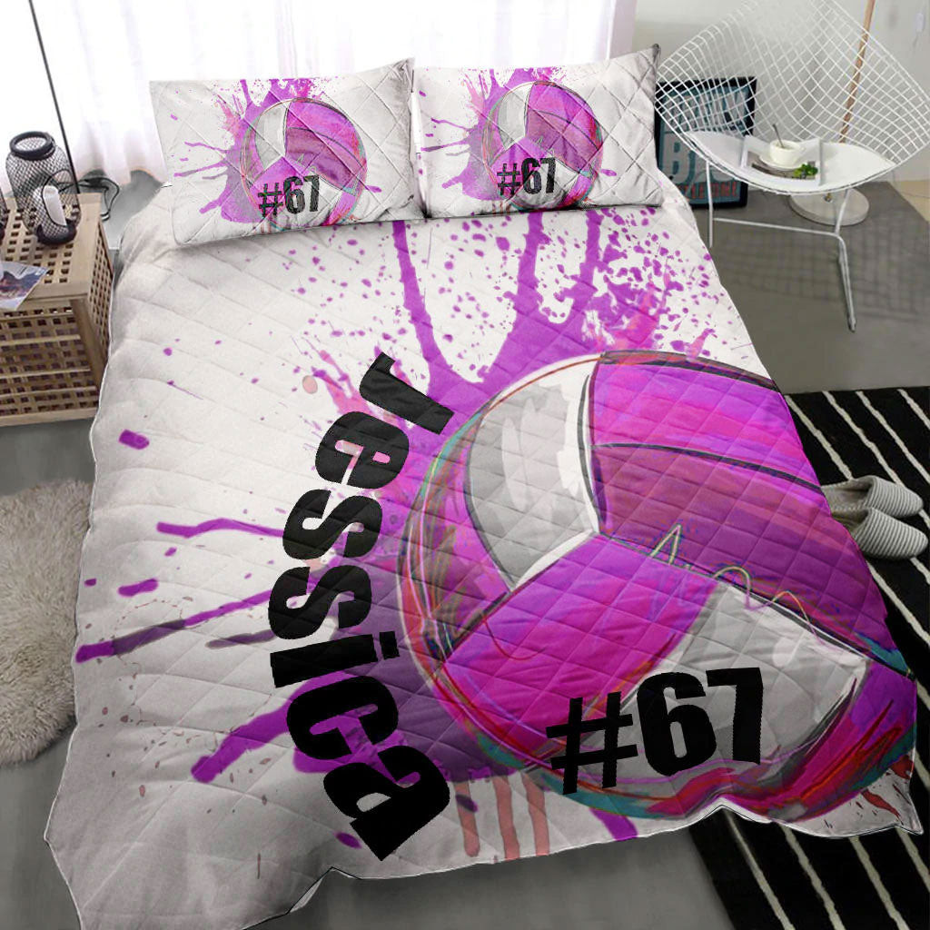 Personalized Volleyball Quilt Bedding Set, Volleyball Ball Purple Watercolor Quilt Blanket With Pillowcases, Duvet Cover Set