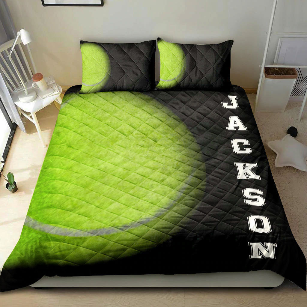 Personalized Tennis Quilt Bedding Set, Tennis Green Ball 3D Black Quilt Blanket With Pillowcases, Custom Name Duvet Cover Set