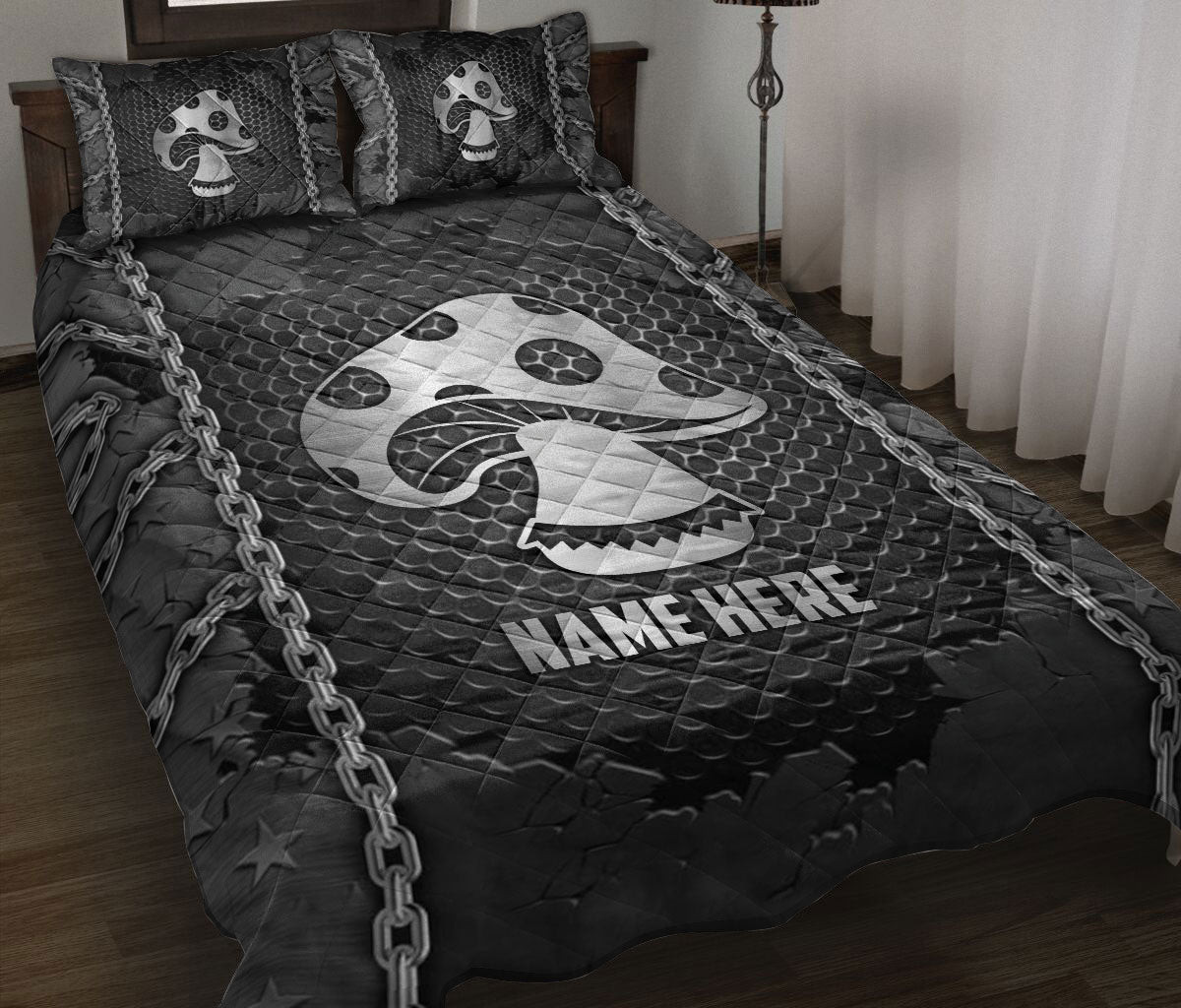 Personalized Mushroom Quilt Bedding Set, M Ushroom Iron Chains Quilt Blanket With Pillowcases, Custom Name Duvet Cover Set