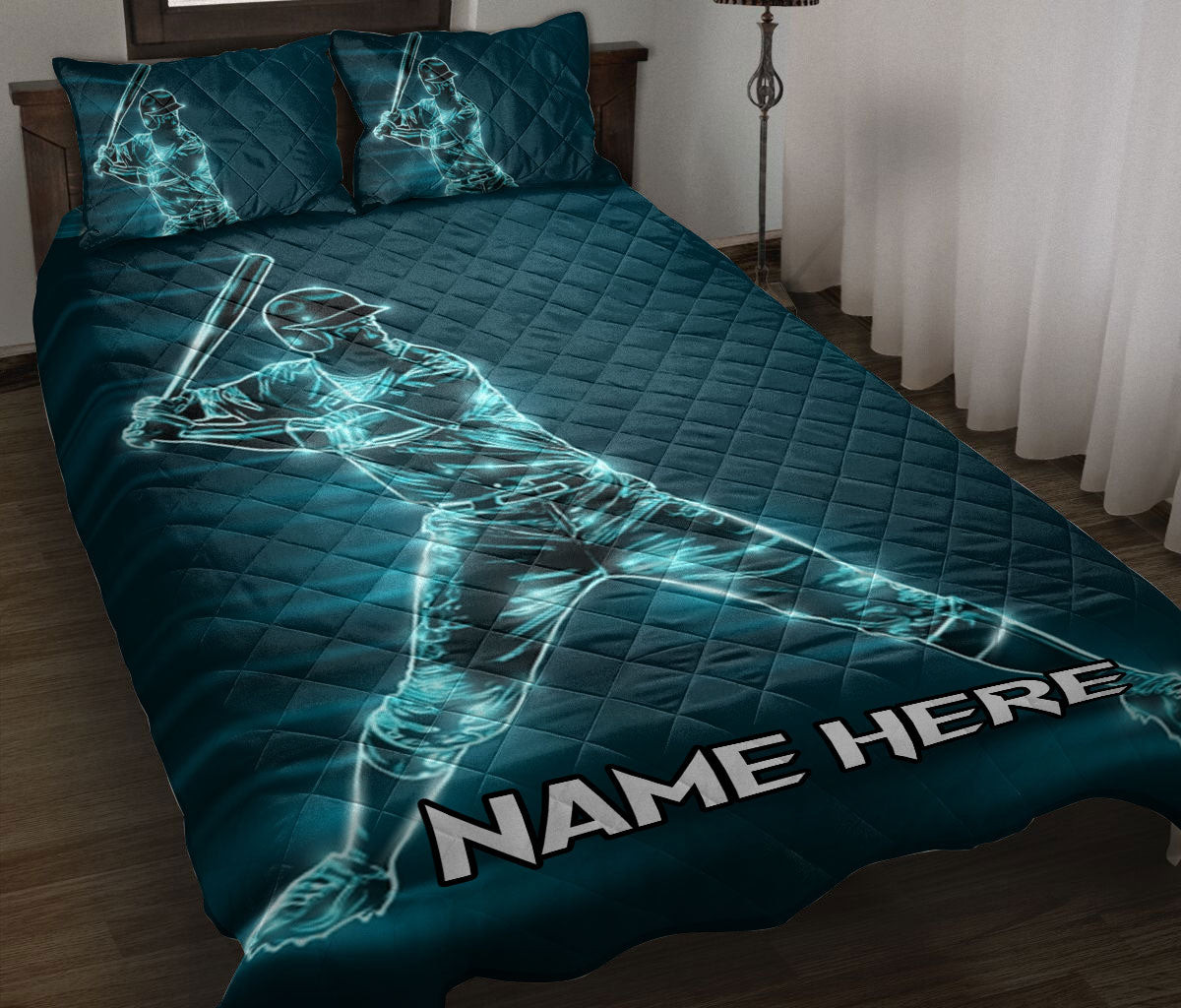 Personalized Baseball Quilt Bedding Set, Baseball Batter Blue Light Quilt Blanket With Pillowcases, Custom Name Duvet Cover Set, Sports Gifts