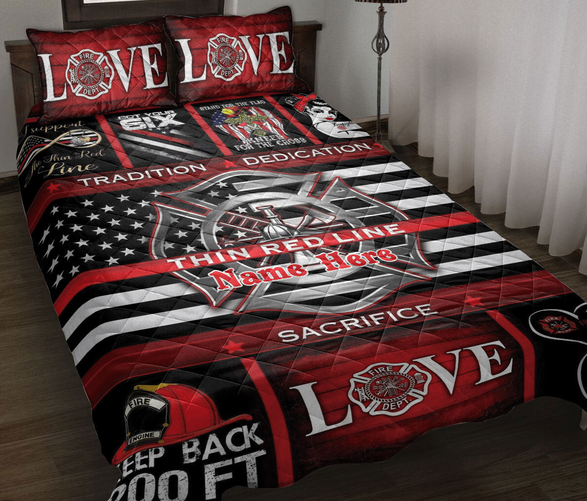 Personalized Firefighter Quilt Bedding Set, Firefighter Thin Red Line Quilt Blanket With Pillowcases, Custom Name Duvet Cover Set