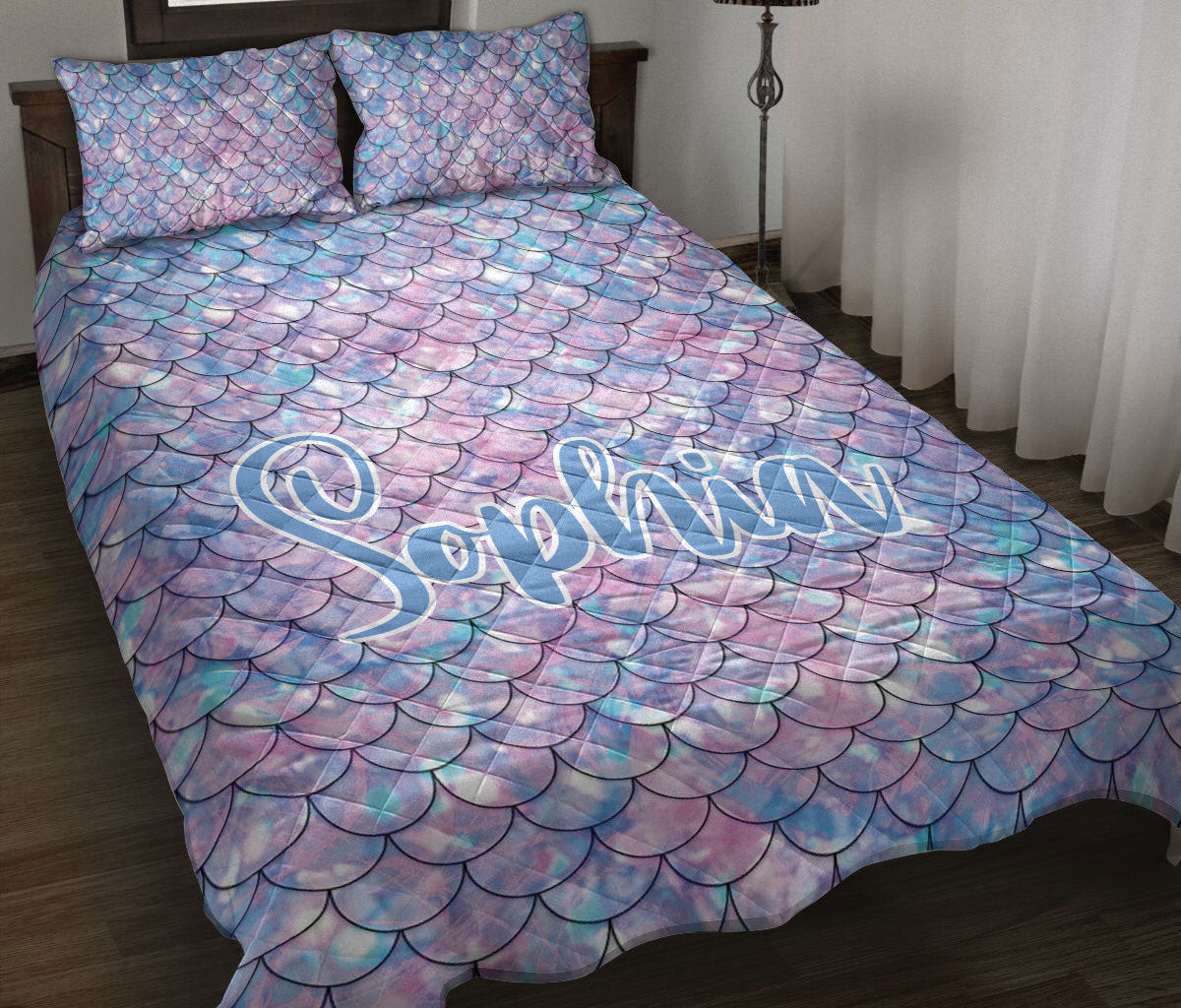 Personalized Mermaid Quilt Bedding Set, Purple Blue Ocean Mermaid Scale Girls Women Quilt Blanket With Pillowcases, Custom Name Duvet Cover Set