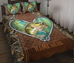 Personalized Fishing Quilt Bedding Set, Fishing Hook Big Bass Fish Quilt Blanket With Pillowcases, Custom Name Duvet Cover Set