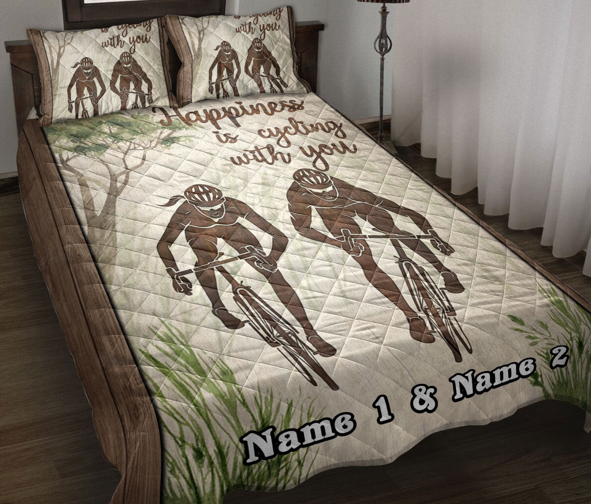 Personalized Cycling Quilt Bedding Set, Happiness Is Cycling With You Floral Couple Quilt Blanket With Pillowcases, Custom Name Duvet Cover Set