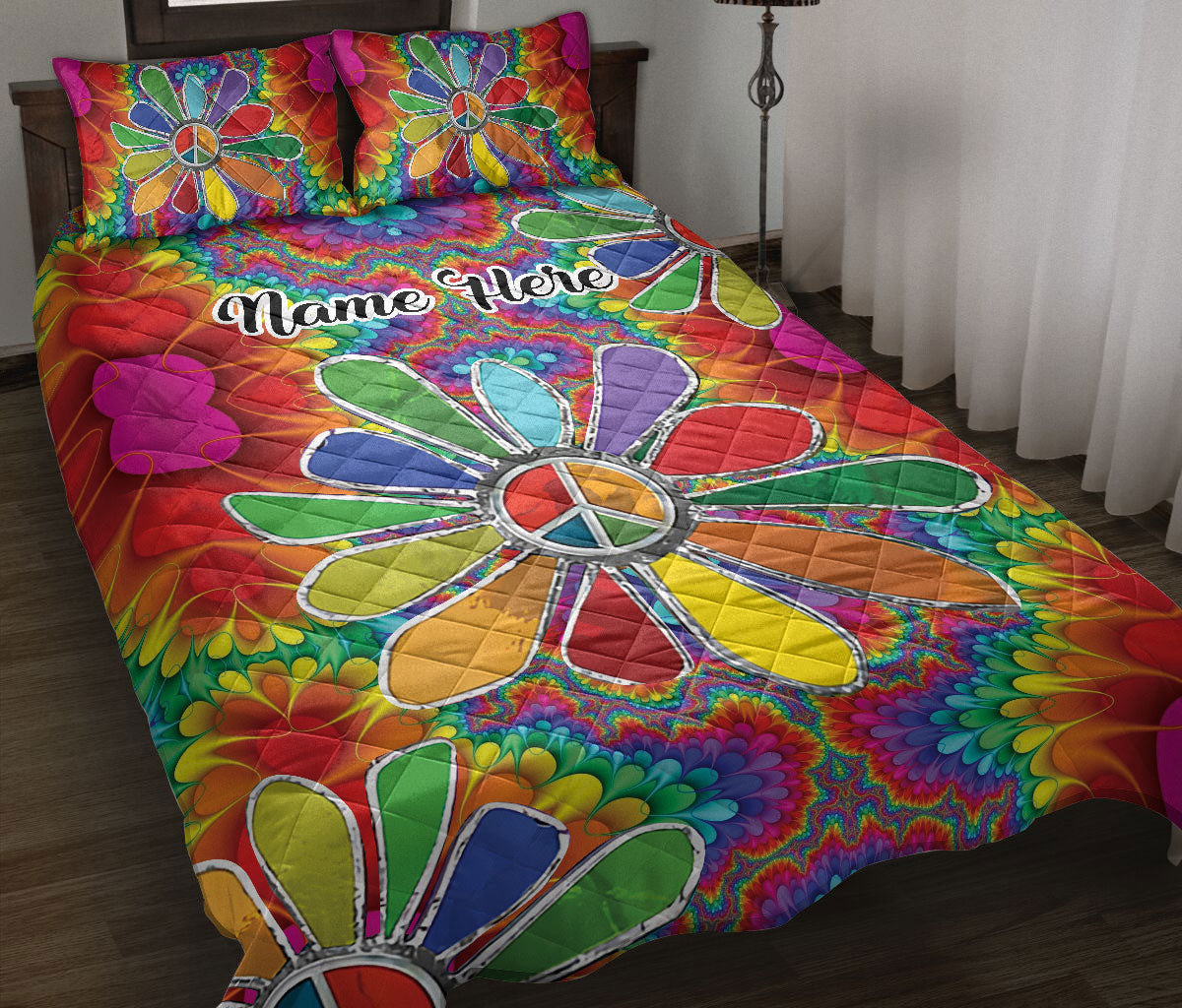 Personalized Hippie Quilt Bedding Set, Hippie Peace Sign Colorful Daisy Floral Quilt Blanket With Pillowcases, Custom Name Duvet Cover Set