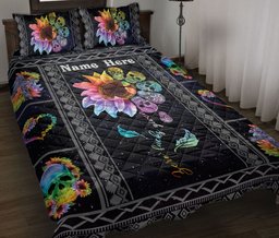 Personalized Skull Quilt Bedding Set, Skull Zero Given Rainbow Sunflower Quilt Blanket With Pillowcases, Custom Name Duvet Cover Set