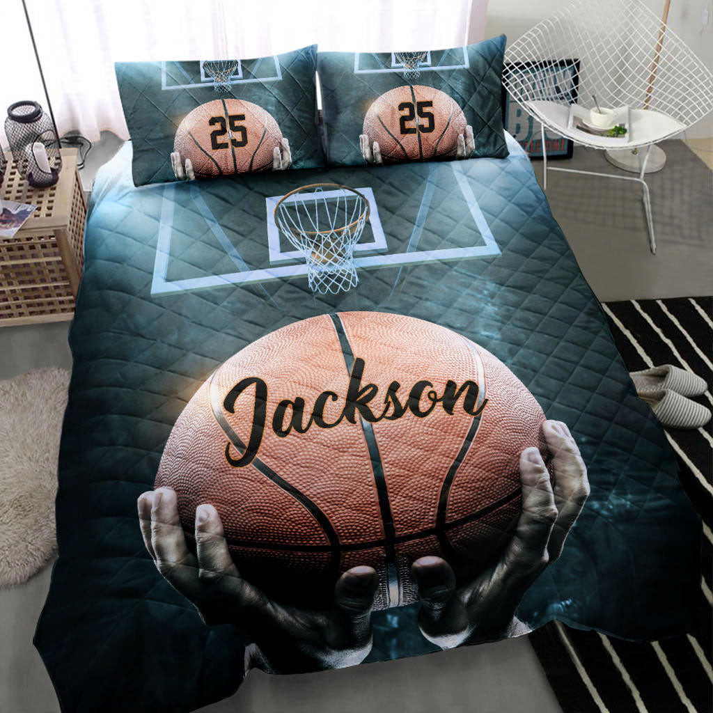 Personalized Basketball Quilt Bedding Set, Basketballs Ball Player Hand 3D Print Quilt Blanket With Pillowcases, Duvet Cover Set