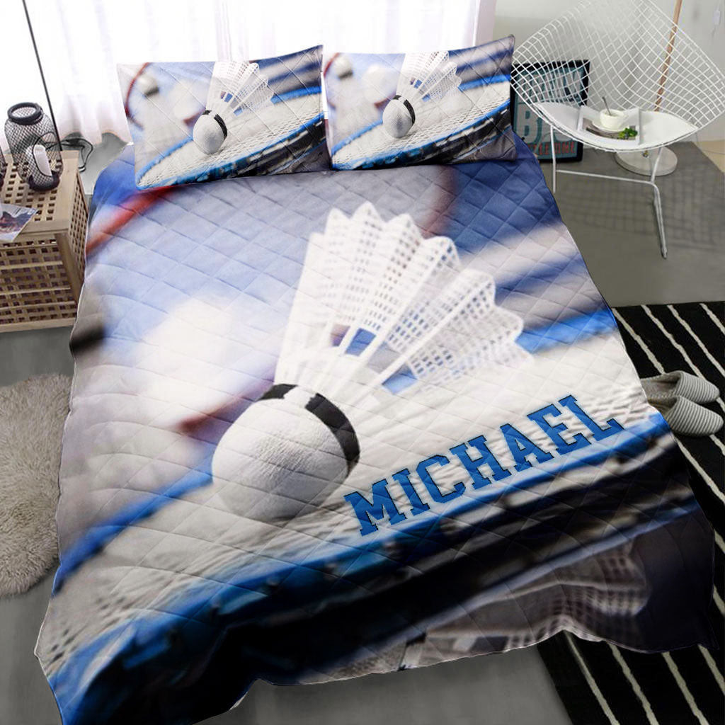 Personalized Badminton Quilt Bedding Set, Badminton Player Blue Racket Shuttlecock 3D Printed Quilt Blanket With Pillowcases, Duvet Cover Set