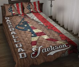 Personalized Baseball Quilt Bedding Set, Baseball Dad US Flag Crack Quilt Blanket With Pillowcases, Custom Name Duvet Cover Set, Sports Gifts