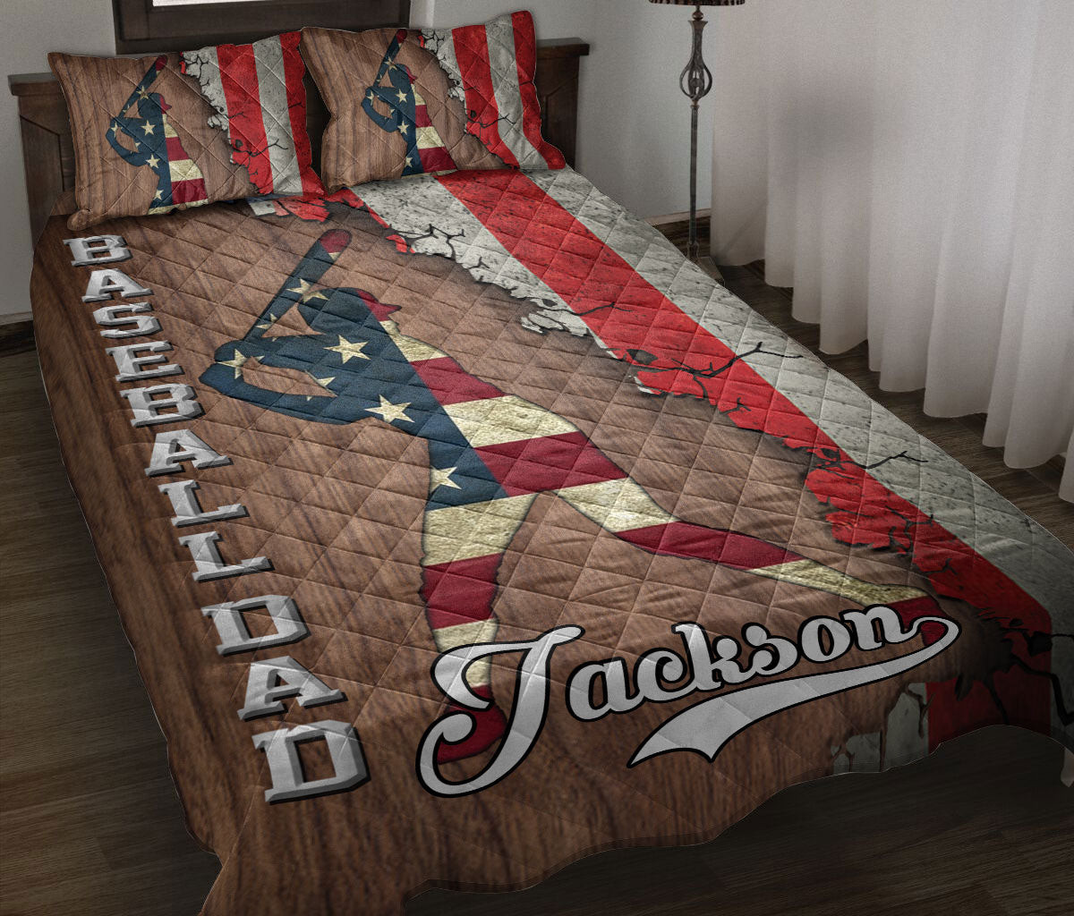 Personalized Baseball Quilt Bedding Set, Baseball Dad US Flag Crack Quilt Blanket With Pillowcases, Custom Name Duvet Cover Set, Sports Gifts