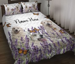 Personalized Great Pyrenees Quilt Bedding Set, Cute Great Pyrenees Dog Lavender Flower White Quilt Blanket With Pillowcases, Duvet Cover Set