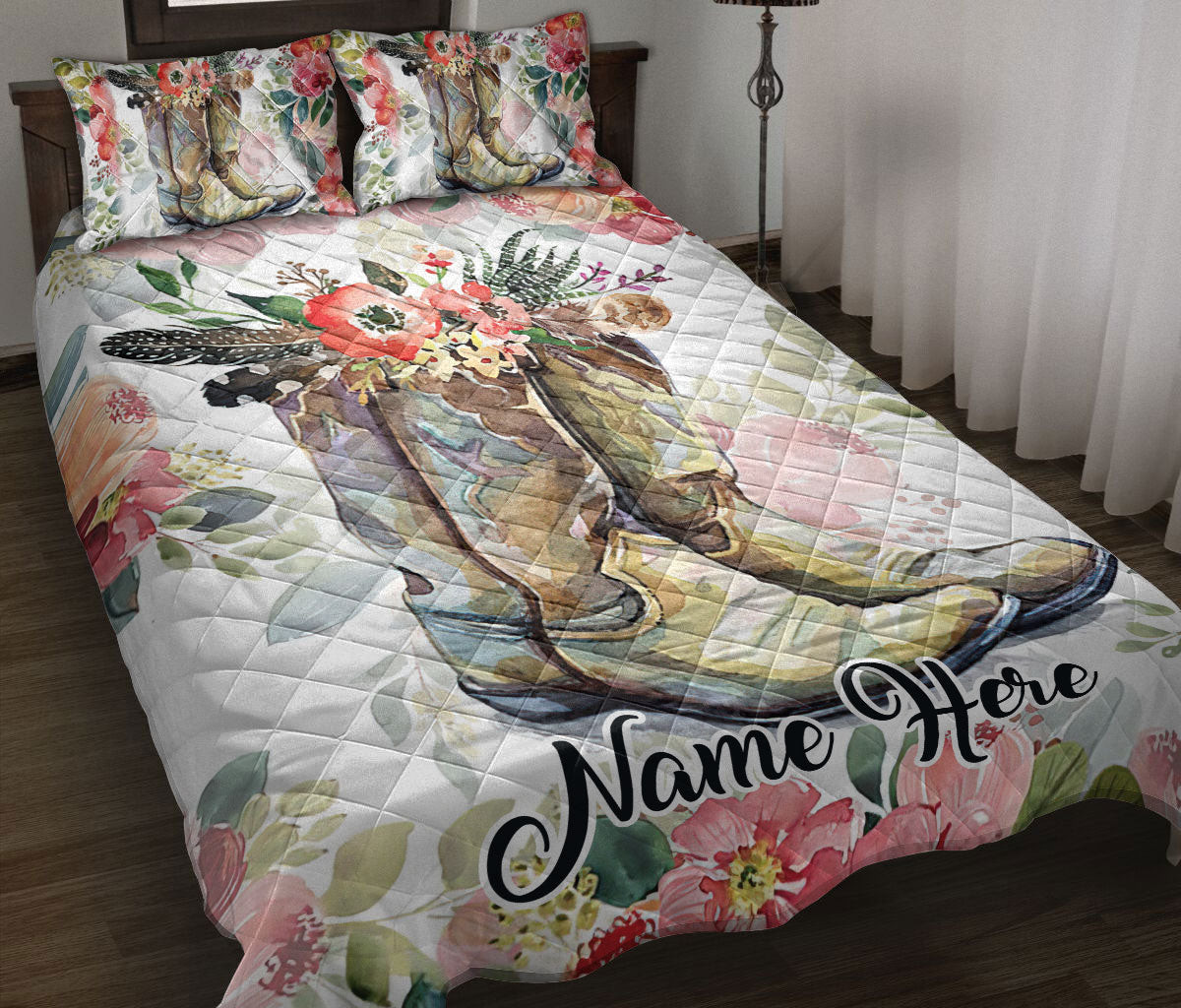 Personalized Cowboy Quilt Bedding Set, Western Cowgirl Cowboy Hat Horse Flower Floral Quilt Blanket With Pillowcases, Duvet Cover Set